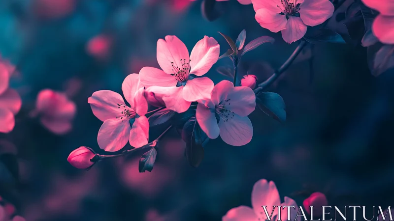 Pink blossoms photographed against teal-blue blurred background