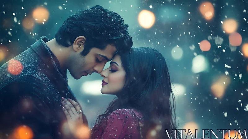 Romantic Winter Moment: Bokeh-Layered Couple in Snowfall.
