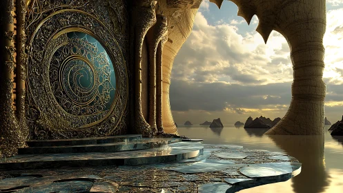 Golden spiral gateway opening onto a tranquil dream sea.