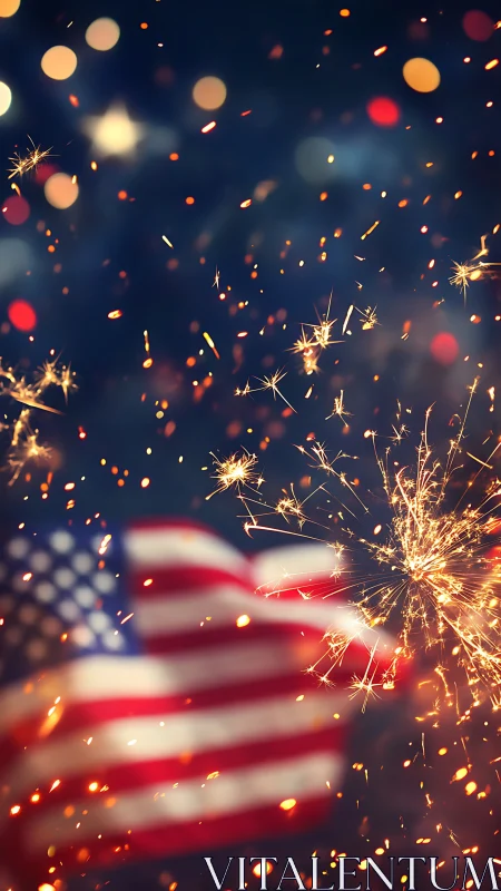 Sparkling lights dance around a warmly glowing US flag