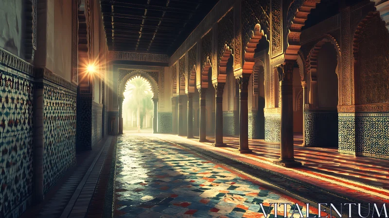 Sunlit arched corridor with geometric tiles and columns.