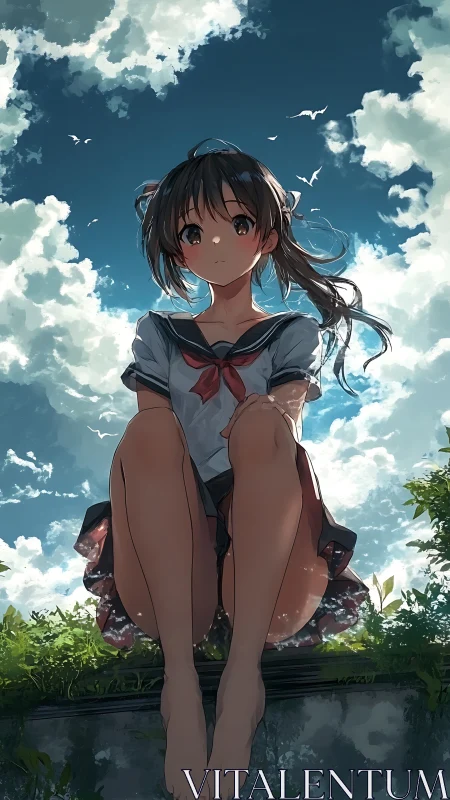 Summer sky daydream with a quiet schoolgirl on a ledge.