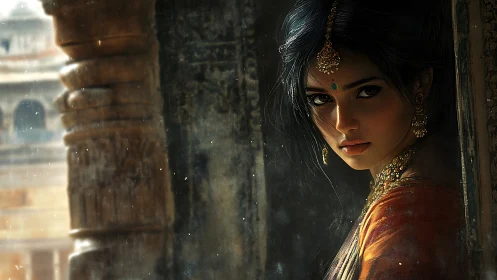 Low key portrait of jeweled woman in textured temple doorway