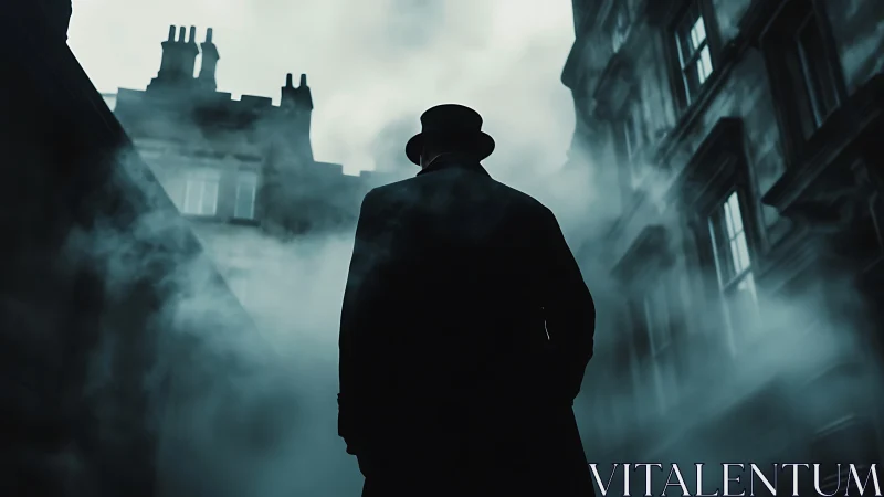 Silhouetted man in top hat stands in foggy narrow street