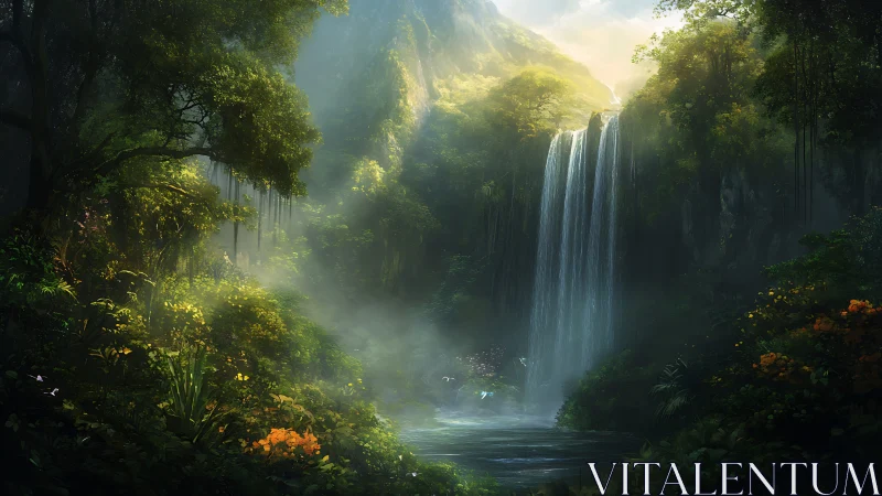 Dense jungle valley encloses tall waterfall and misted pool