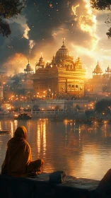 Golden riverside temple at dusk with meditative figure.