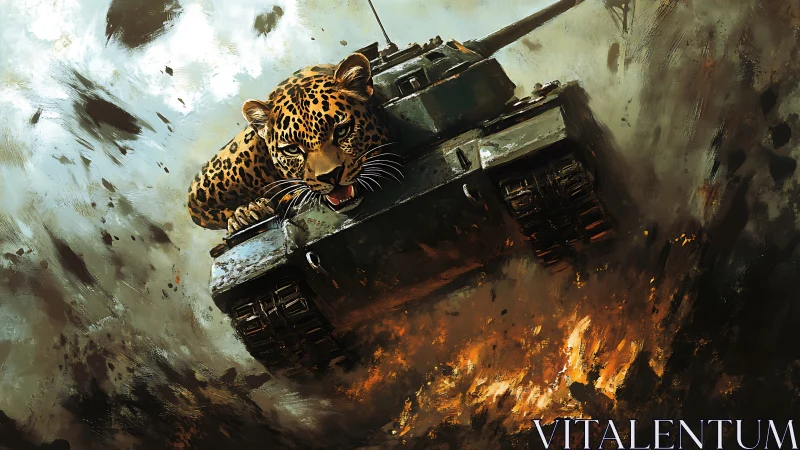 Leopard atop armored battle tank charging through fiery blast