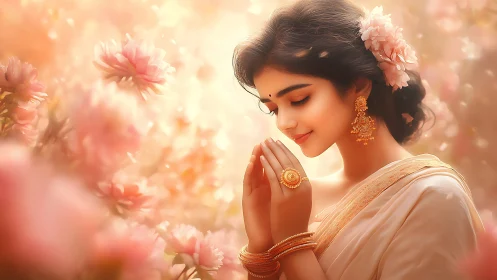 Serene Indian Woman in Traditional Attire Amid Soft Floral Glow.