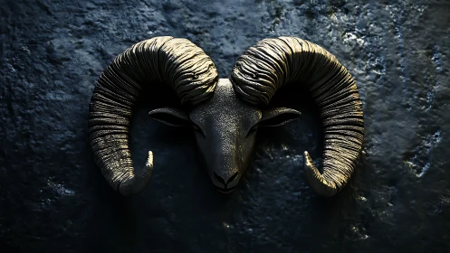Ram skull sculpture emerges from shadowed stone wall