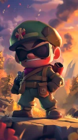 Cartoon commando hero posed in glowing autumn battlefield.