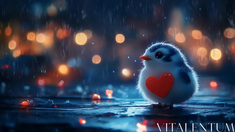 Crimson-Hearted Songbird: Love Blooms in Rainy Urban Solitude.
