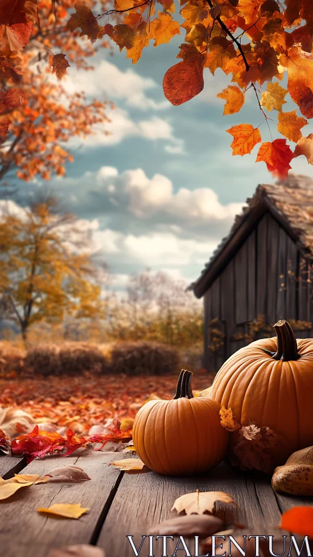Autumn pumpkins rest on rustic porch beneath falling leaves.