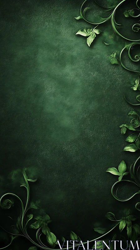 Botanical scrollwork frame on textured emerald ground.