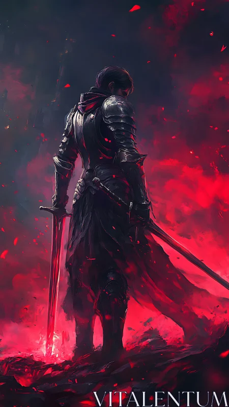 Armored warrior stands in red firelit haze holding swords