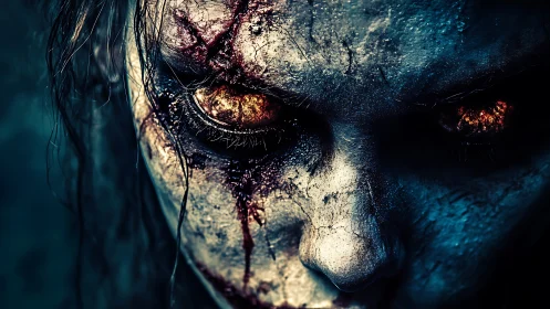 Corroded undead face with ember eyes in extreme close-up