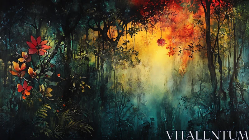 Luminous misted forest interior with vivid red floral foreground