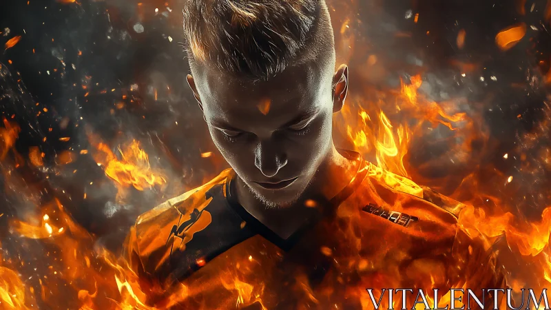 Flames crown the focused gamer forged in molten orange light