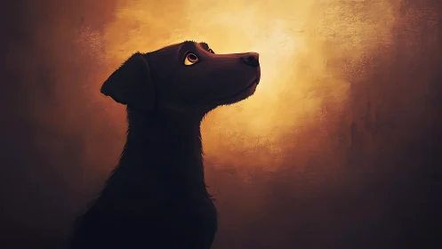 Labrador silhouette in warm chiaroscuro backlight profile.