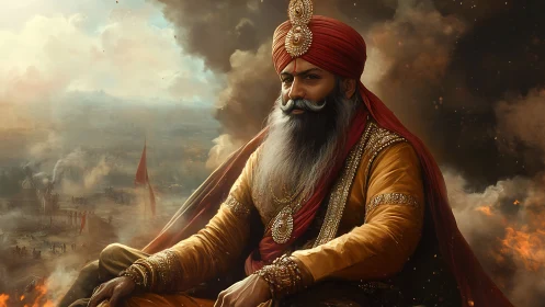 Regal warrior king sits calm amid burning battlefield skies