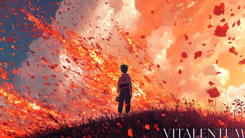 Lone figure observes blazing sky erupting with fiery leaves