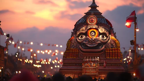 Sunset-lit festival chariot glows amid vibrant street lights