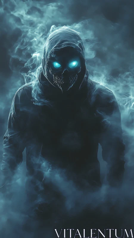 Volumetric fog silhouette with spectral skull mask and cyan eyes