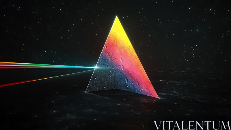 Prismatic lunar monolith refracts starlight across cosmic seas.