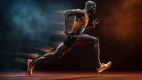 Powerful sprinter in motion glowing with fiery energy.