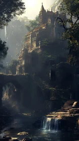 Sunlit hidden cathedral above a quiet forest river valley.