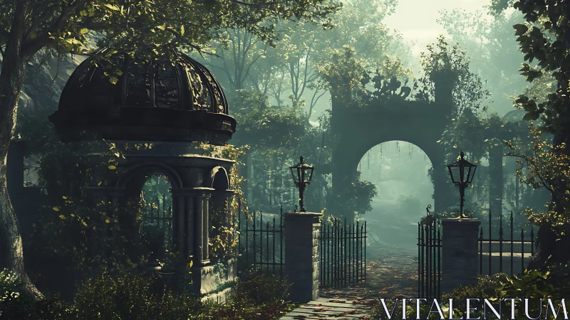 Whispering garden gate invites misty paths into legend