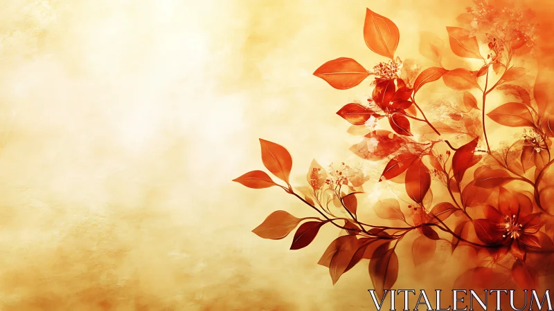 Red floral branch on warm beige textured background wall.