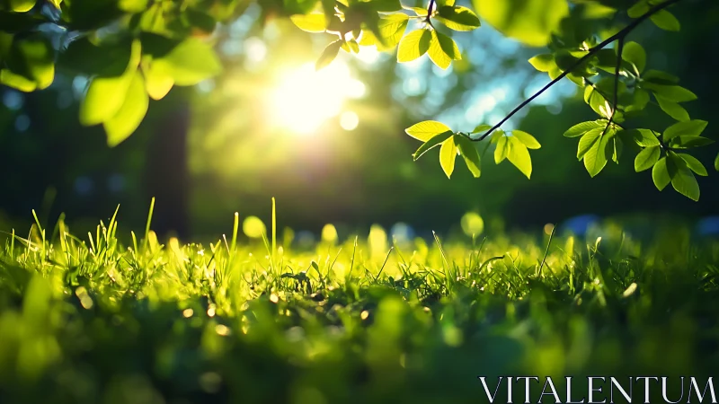 Sunlit Grass and Green Leaves in a Lush, Peaceful Garden Setting.