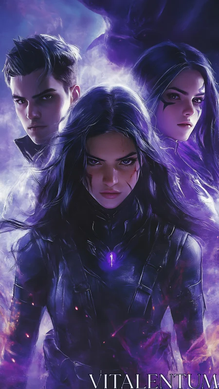 Triad of violet-shadowed superhumans in tactical armor