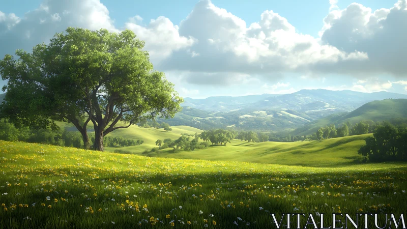 Sunlit oak dominates rolling valley under stratified spring clouds