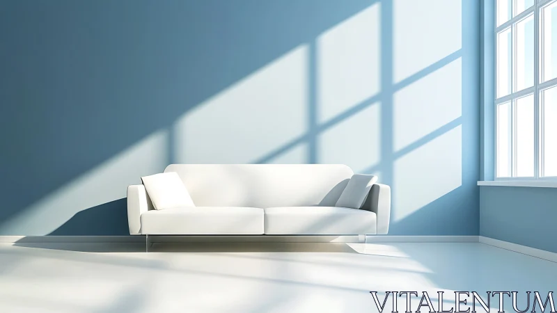 White sofa in bright room with window light patterns.