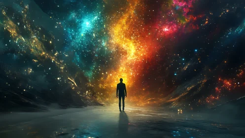 Stargazer silhouette within luminous cosmic vortex trail.