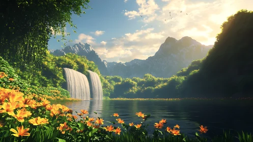 Sunlit mountain lake with waterfalls and orange flowers.