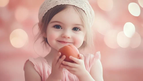 Soft-Focus Portrait of Young Child Holding Red Apple Against Bokeh Background