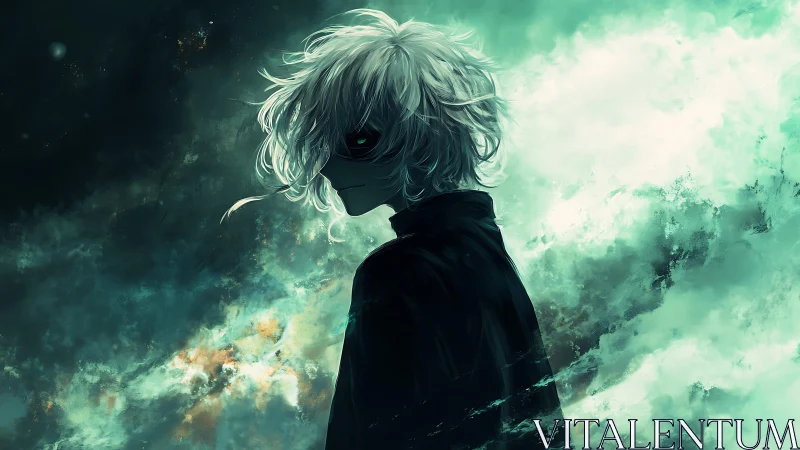 Mysterious silver haired wanderer in swirling teal mist.