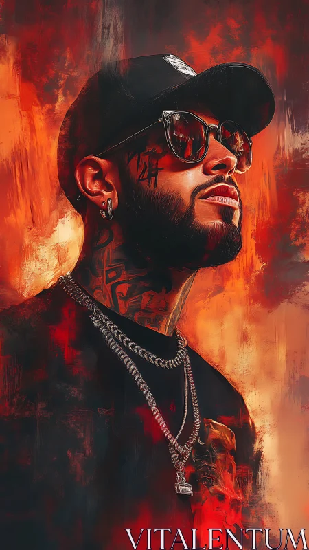 Portrait shows tattooed man in cap and sunglasses amid fire tones