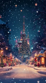 Snow covered street leads to illuminated winter castle scene