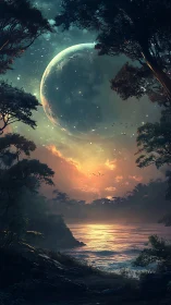 Enormous moon rises above tranquil alien shoreline at dusk.