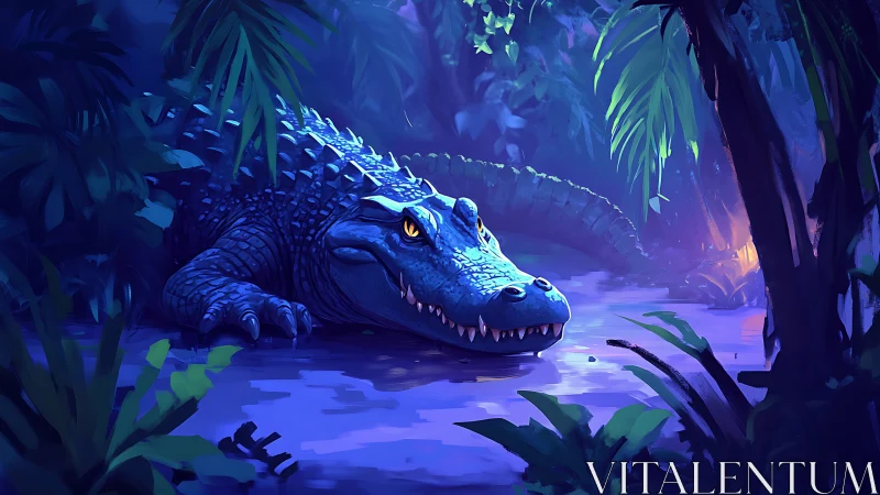 Crocodile resting in moonlit jungle swamp environment.