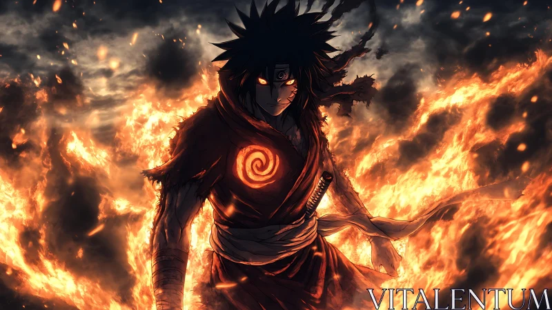 Dark haired warrior in flaming battlefield environment.