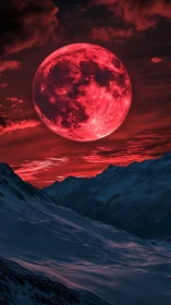 Crimson supermoon rises above shadowed snowy mountainscape.