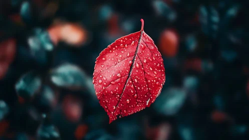 Crimson raindrop leaf drifting through a midnight blur.