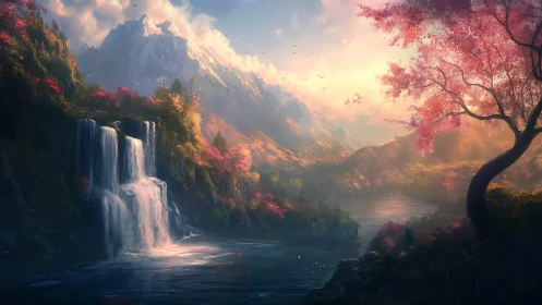 Sunlit waterfall valley curves toward distant snow peaks