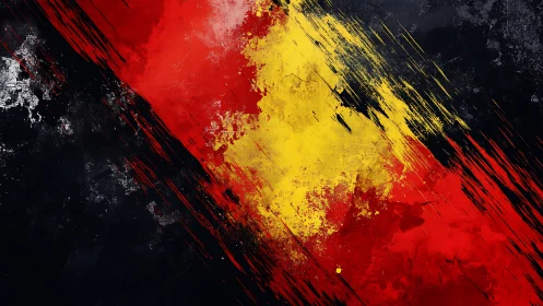 Bold diagonal streaks of red and yellow cut through deep black