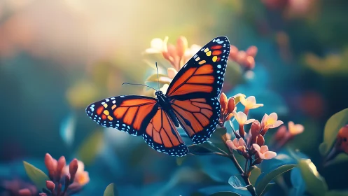 Monarch butterfly rests on blossoms under soft golden light.