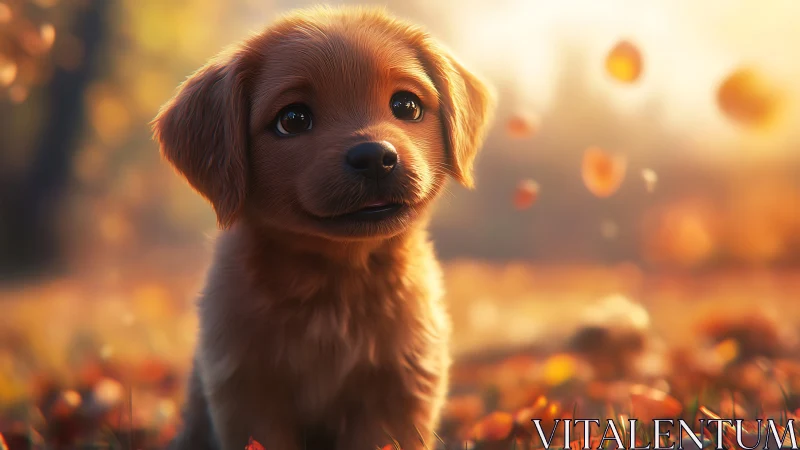 Golden puppy basking in soft autumn light and falling leaves.